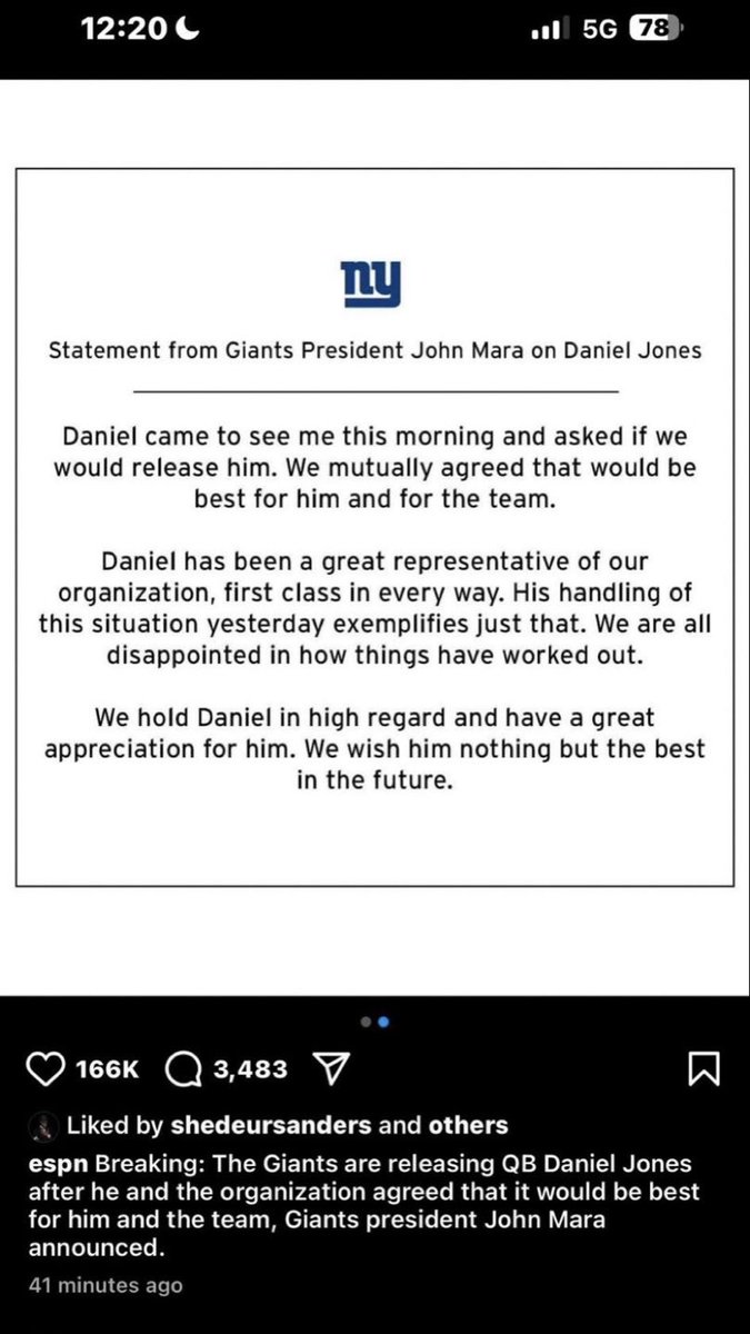 MLFootball's tweet photo. 🚨NEWS: #Colorado superstar quarterback SHEDEUR SANDERS LIKED ON IG JOHN MARA’s STATEMENT ABOUT RELEASING DANIEL JONES.

👀👀👀

First the video earlier this week and now this… 

(h/t @carlymersky) https://t.co/B06bitelyN