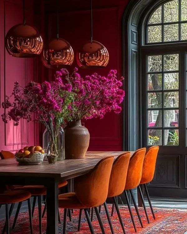 WallsofWhimsy's tweet photo. Glam and holiday ham? Imagine gathering in this glam dining room, drenched in rich cranberry and warm orange hues—perfect for cozy conversations and delicious feasts. A celebration of style, comfort, and festive flair. 🦃🍁

#interiordesign #interiordesigninspo #diningroomdecor https://t.co/6h3X1cGf3R