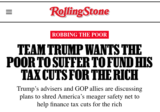Trump handed massive tax cuts to the rich in 2017. Now he's planning even more cuts.

How are Trump and MAGA Republicans planning to pay for them?

By making it harder for millions of Americans to access Medicaid, food stamps, and other federal programs.

Trickle up economics.