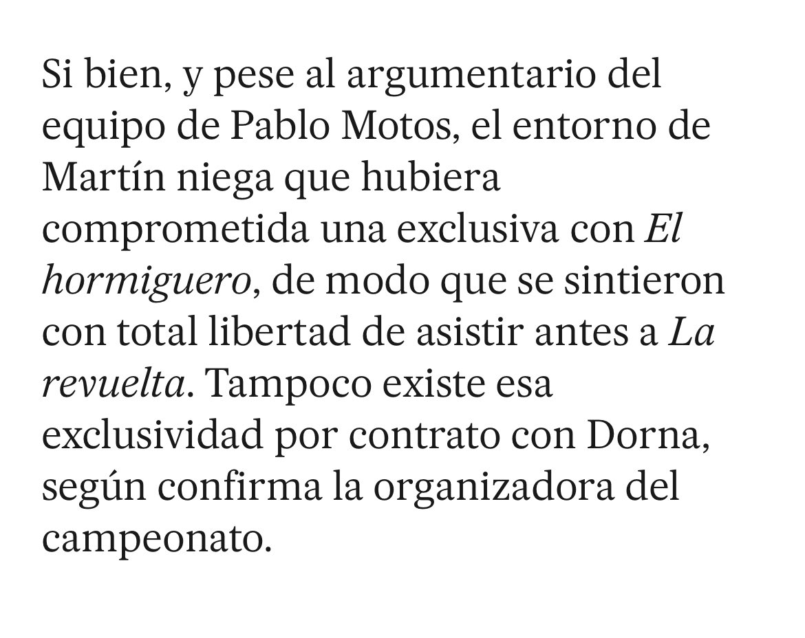 Publicación de <a href="/el_pais/">EL PAÍS</a> , si esto es así… a quien deja mal es al piloto.. Si no hay exclusiva con el hormiguero ni con Dorna … que no quita lo ruin que ha sido <a href="/El_Hormiguero/">El Hormiguero</a> . Y por supuesto chapo para <a href="/LaRevuelta_TVE/">La Revuelta</a> y <a href="/davidbroncano/">David Broncano</a>