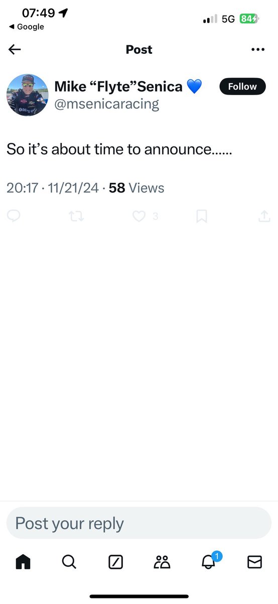 DriverReference's tweet image. What # announcement is this again? So many times @msenicaracing says this 🐂💩 and it never happens. Super cup is about his extent of appearances. NASCAR doesn’t need or want him and his piss any dollars. Such a joke. Old, slow, in the way…that’s the senica mantra 😂👎🏴