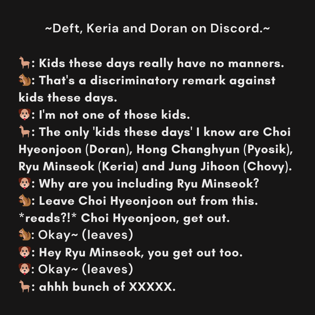 alpacapaprica's tweet photo. Deft naming all of his DRX20 kids for having 'no manners' only for Keria and Doran to be absolute menaces right back to him 🤣 https://t.co/Y4FwV0g8qJ