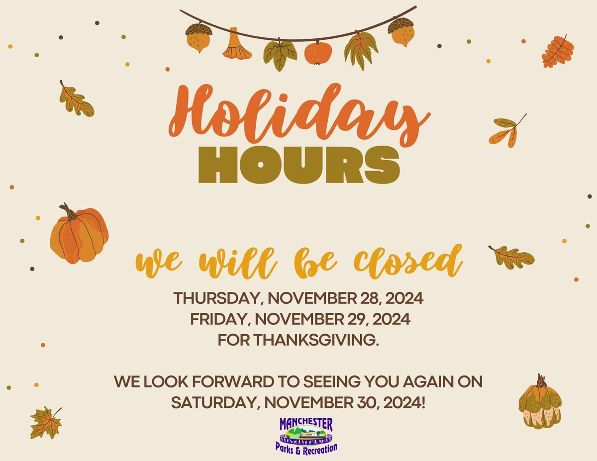ManTNRec's tweet image. We are 6 days away from Thanksgiving, and we will be CLOSED on Thursday, November 28th and Friday, November 29th to celebrate. We look forward to seeing you all back on Saturday, November 30th at 7:30am!