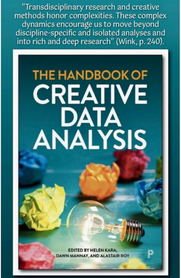 Transdisciplinary research and creative methods honor complexities. These complex dynamics encourage us to move beyond discipline-specific and isolated analyses and into rich and deep research (Wink, p. 240).

<a href="/policypress/">Policy Press</a> <a href="/DrHelenKara/">Helen Kara 🇺🇦 #FreeUkraine</a> <a href="/dawnmannay/">Professor Dawn Mannay</a> <a href="/aliroy01/">Ali Roy</a>