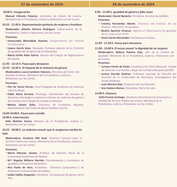 El 27 y 28 de noviembre, celebramos las Jornadas de Justicia e Igualdad, un espacio para reflexionar sobre los retos y asignaturas pendientes en esta materia y sobre cuál es el papel de la Justicia a la hora de abordarlos. 

Inscríbete en actos.mjusticia.es/public/Inscrip…