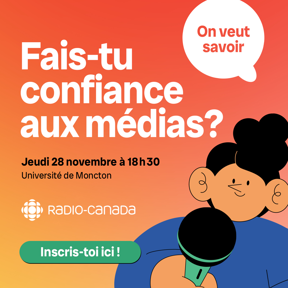 Le 28 novembre, Radio-Canada t'invite à une conversation sur le sujet : Fais-tu confiance aux médias ? 📰

Joins-toi à nous pour partager ton opinion sur ta confiance dans les médias ! 🎤

Pour t'inscrire, c'est ici  👉 lepointdevente.com/billets/conver… 🔗