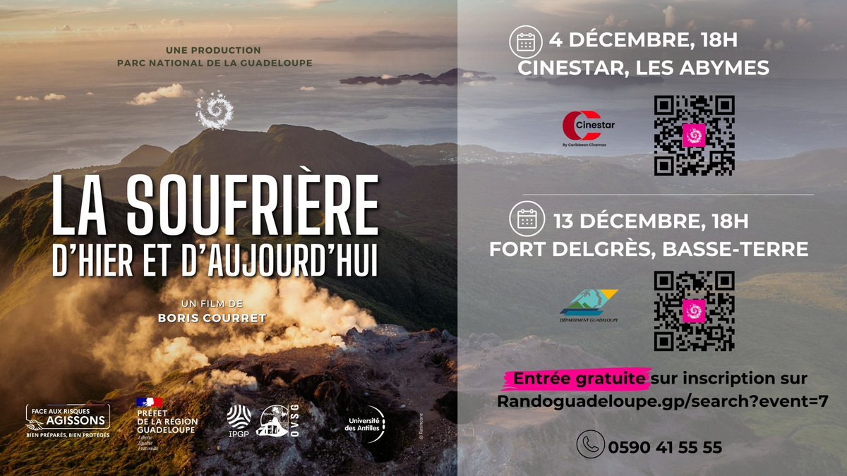 png971's tweet photo. 🎞Ne ratez pas la projection de notre documentaire inédit "La Soufrière, d’hier et d’aujourd’hui"

🍿4 décembre, 18h au Cinéstar 
🍿13 décembre, 18h au Fort Delgrès 

💚Entrée gratuite sur inscription 
➡https://t.co/zUt8fphwN1 

#soufrière #volcan #Guadeloupe #biodiversité https://t.co/T8OCTF4Dbn