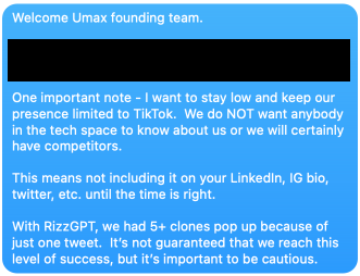 A lot of founders hit a few grand in monthly revenue and share everything they know.

Move in silence and stay humble.  

The time for public recognition will come.

Didn't go public with Umax until after we did over a billion views on social media.