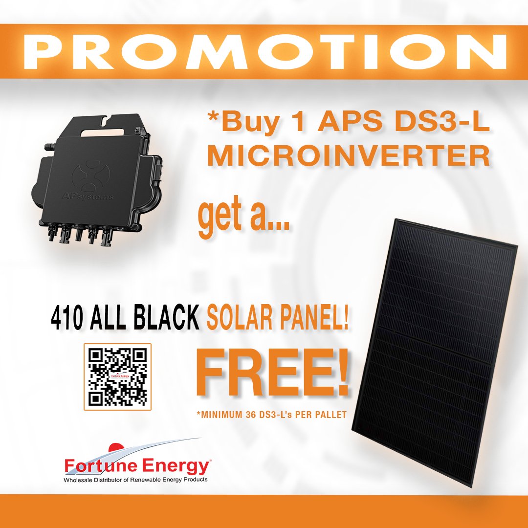 FortuneEnergy's tweet image. Buy 1 APS DS3-L Microinverter, and get a FREE 410 All Black Solar Panel! Upgrade your solar setup with this incredible deal. Don’t miss out—grab yours while supplies last!  Scan QR code to reach one of our account managers!  #Microinverter #SolarPanel #fortuneenergy