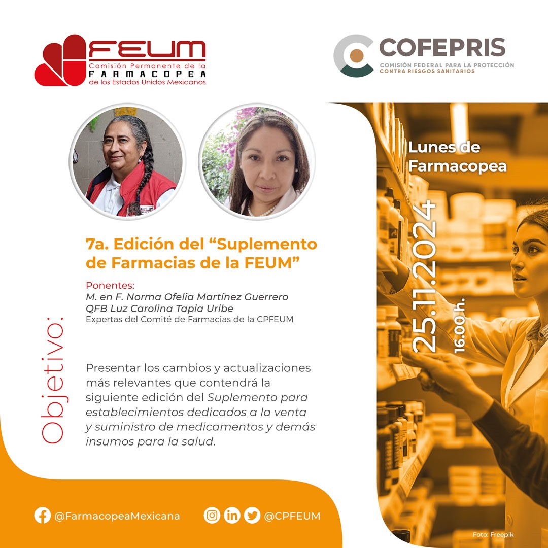 🗓️ ¡Este 25 de noviembre no te pierdas el Lunes de Farmacopea!
🔍 A las 16:00 hrs presentamos las modificaciones clave del Suplemento de Farmacias 2024.
Ponentes:
M. en F/QFB Norma Ofelia Martínez Guerrero
QFB Luz Carolina Tapia Uribe
videoconferencia.telmex.com/j/1240656402
#LunesDeFarmacopea
