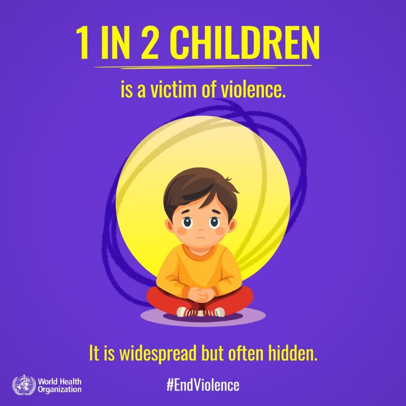 UN's tweet photo. Violence against children is a global crisis that happens in homes, schools, communities and online; often with devastating, life-long impacts.

It includes physical or emotional abuse, neglect, bullying, sexual violence and more.

Learn more from @WHO. ⬇️