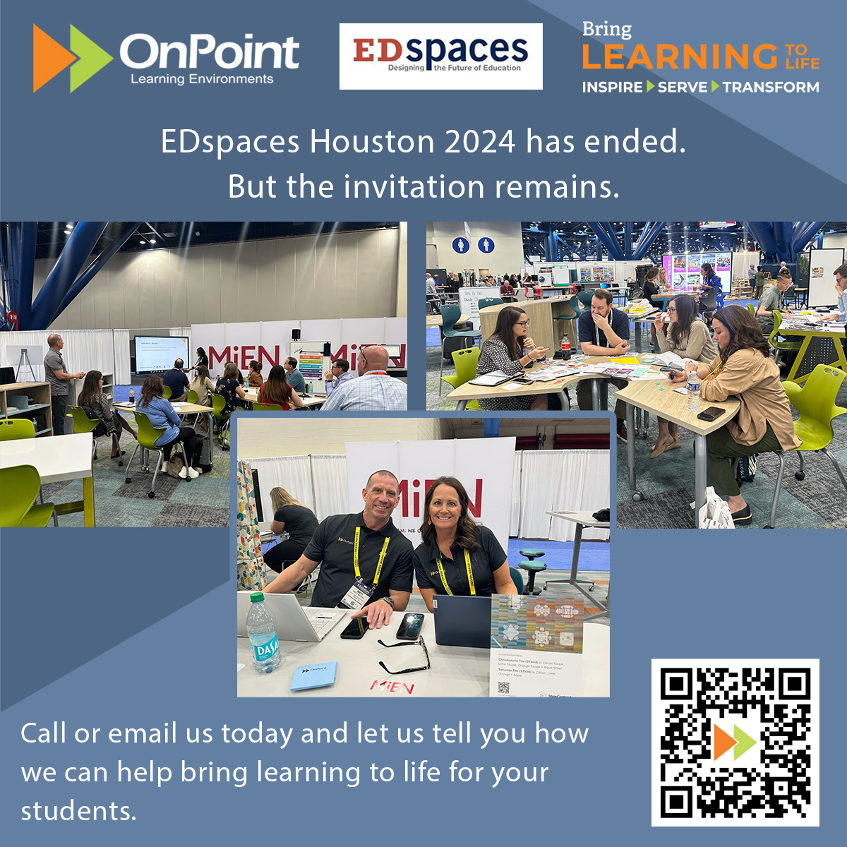 OnPointEdu's tweet photo. It was great to meet so many at EDspaces Houston and provide hands-on experience with the latest educational tech, furniture, and methods. Couldn't make it? The invitation to connect is still open. Call today to learn how OnPoint can bring learning to life for your students! https://t.co/uu9vZTRklV