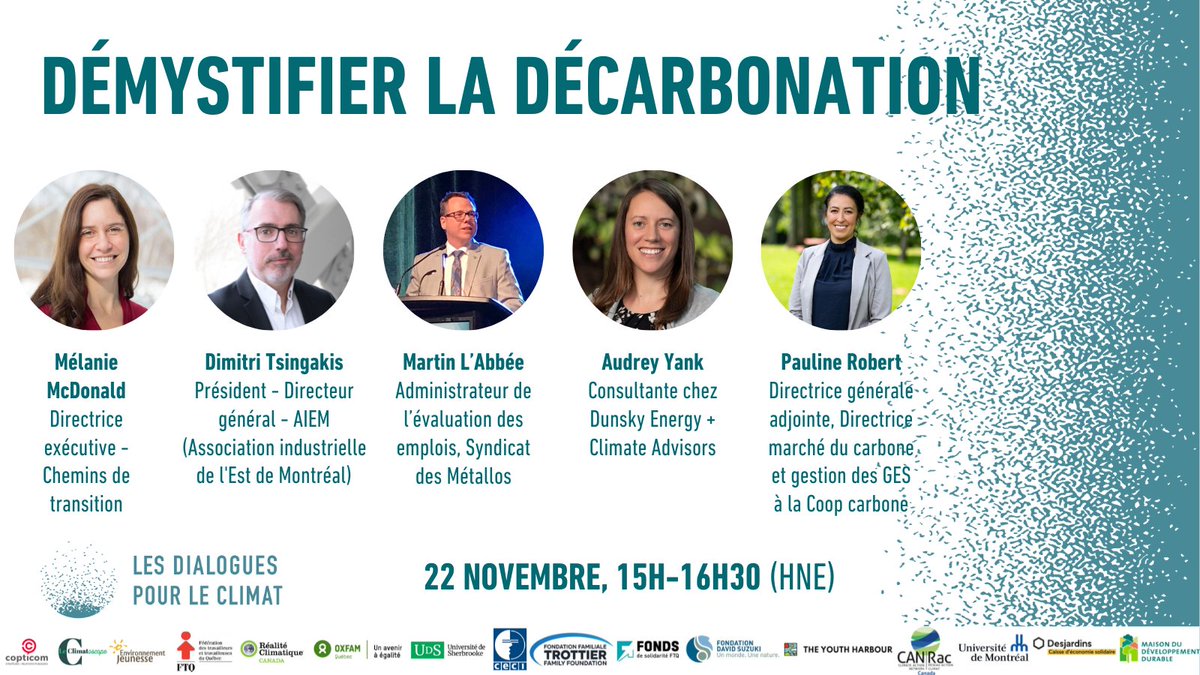 📣 Ne manquez pas notre dernier évènement de la semaine (mais non le moindre), notre Panel intersectoriel « Démystifier la décarbonation » ! 

👉 Inscrivez-vous par ici : loom.ly/jeJSSCM 

#DialoguesClimat2024