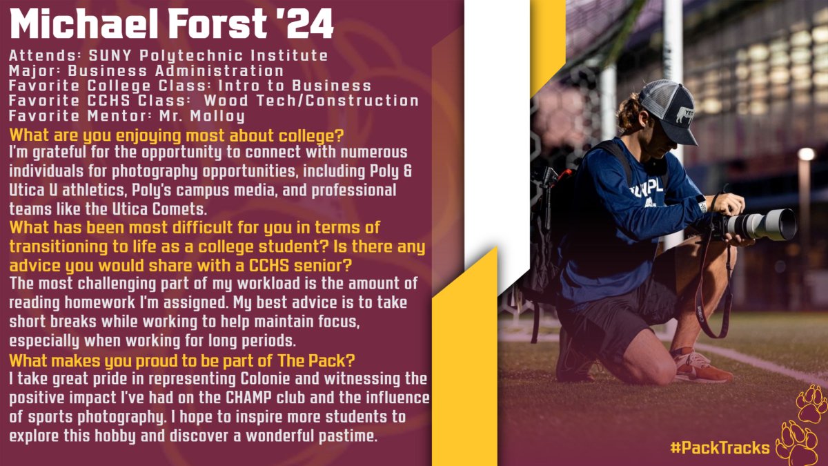 ColonieCCPC's tweet photo. This week's #PackTrack features Michael Forst '24, a first year student @SUNYPolytechnic studying Business Administration. Michael's impact during his time at CCHS was profound! We are excited to hear that his talents are being put to work in college too! All the best, Michael! https://t.co/VPndqrxlhf