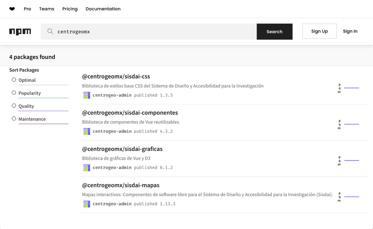 Ya están disponibles en <a href="/npmjs/">npm</a> 4 bibliotecas de #SisdaiMX

1. sisdai-css
2. sisdai-componentes
3. sisdai-graficas
4. sisdai-mapas

👉npmjs.com/search?q=centr…

<a href="/nodejs/">Node.js</a> <a href="/github/">GitHub</a> #opensource #JavaScript <a href="/CentroGeo_/">CentroGeo</a>