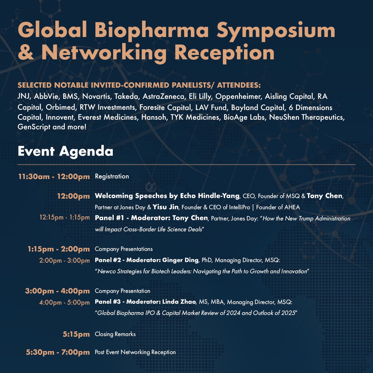 MsqVentures's tweet photo. We at MSQ are excited to host the Global Biopharma Symposium &amp; Networking Reception with our Co-Hosts, Jones Day on Sunday, January 12th 2025!

This is the biggest Biopharma event of the year!

Register today for the Global Biopharma Symposium &amp; Networking Reception https://t.co/Ru4HuY3Swv
