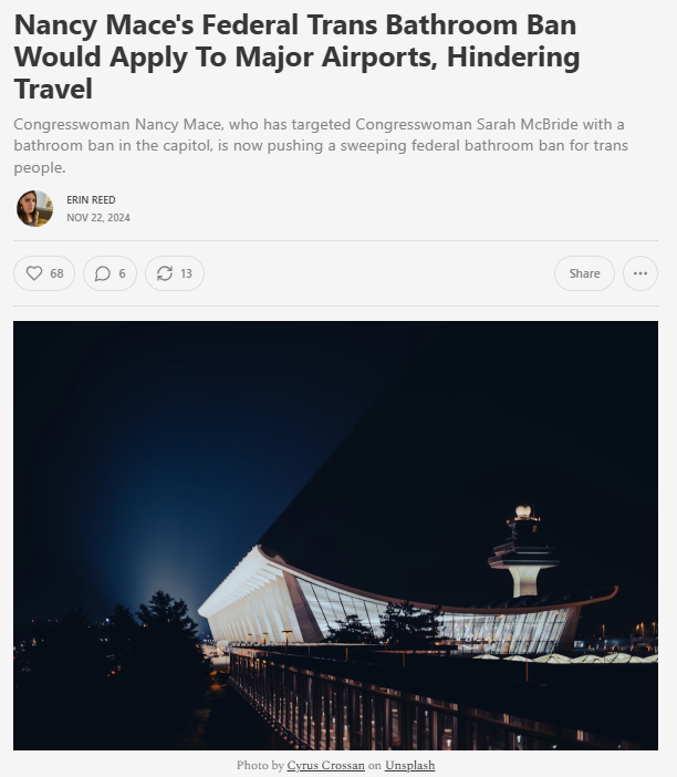 ErinInTheMorn's tweet photo. 1. Nancy Mace has announced a federal bathroom ban proposal.

If it becomes law, it will impact major DC airports like Reagan and Dulles, and could snarl travel in the leadup to world pride, which is expecting over 3,000,000 LGBTQ+ visitors.

Subscribe to support my journalism. https://t.co/cGBeNBDkxw