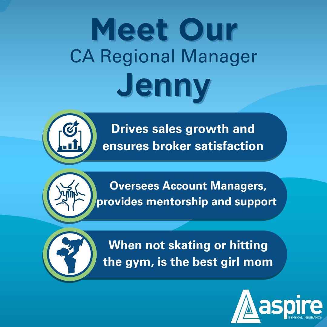 aspiregeneral's tweet photo. Meet… our CA Regional Manager, Jenny! Jenny has been with Aspire for six years and was recently promoted to her new role. Jenny oversees the California Key Account Managers, driving sales growth, ensuring broker satisfaction, and helping to cultivate a high-performance culture. https://t.co/qXg0SDgzCI