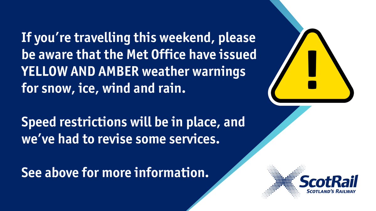 ⚠️#StormBert is on the way and is set to bring low temperatures, heavy rain, strong winds and heavy snowfall. To keep customers safe, <a href="/NetworkRailSCOT/">Network Rail Scotland</a> will put speed restrictions in place on the following routes and we'll have to revise some services. 👇

Speed restrictions will