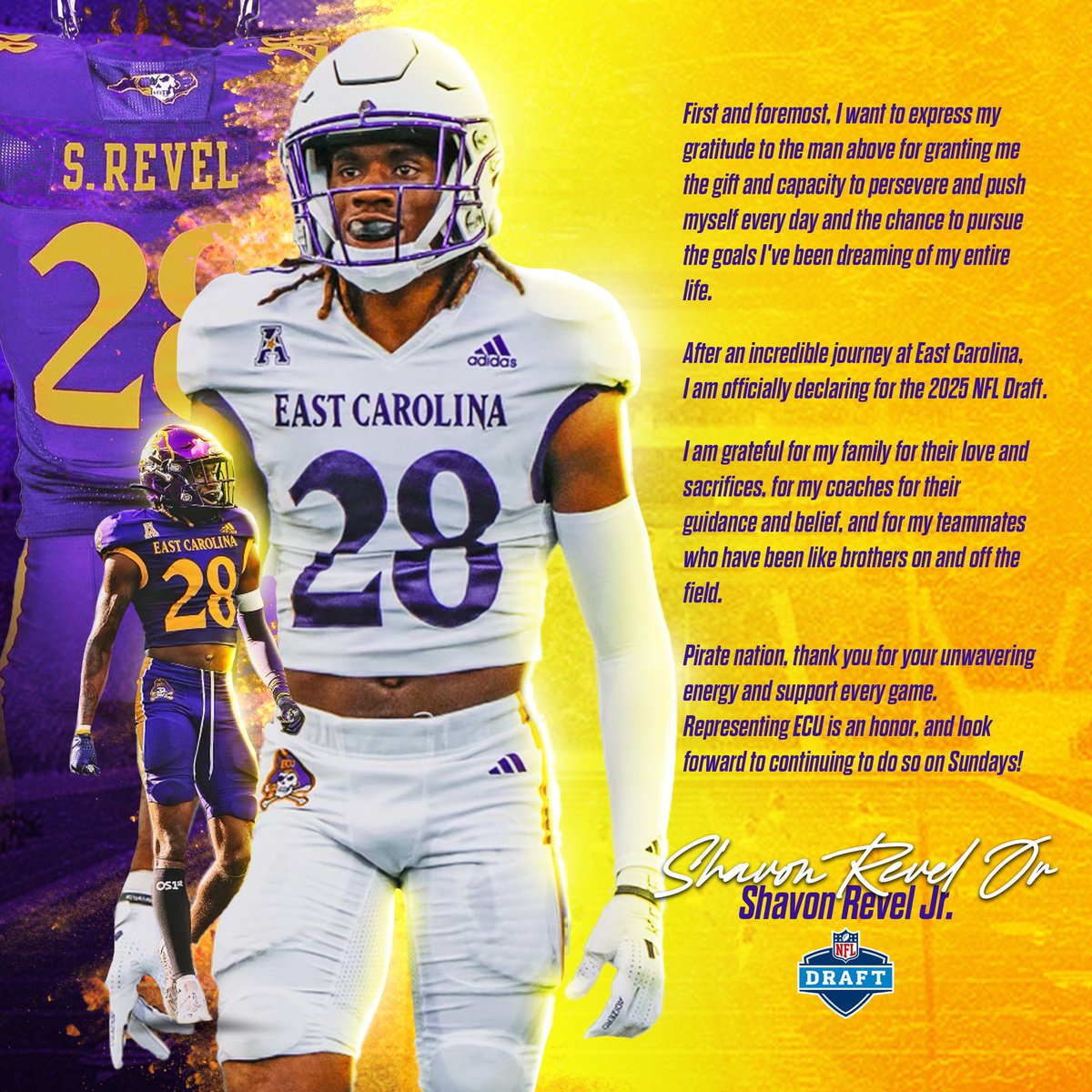 ECU CB Shavon Revel is foregoing his last year eligibility and declaring for the 2025 NFL Draft.