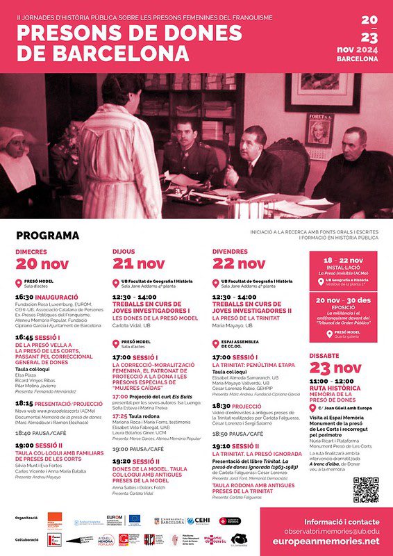 MandreuBcn's tweet photo. El final de les Jornades d’Història sobre Presons de Dones de Barcelona @CEHI_UB @euromemories omple l’#EspaiAssemblea @ccoocatalunya @FundCipriGarcia i treu de l’oblit la ignomínia de la presó de la Trinitat amb testimonis i recerca de @mmayvall @clorenzorubio i Carlota Falguera https://t.co/AOF3PQu965