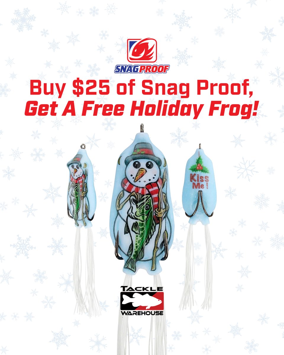 TackleWarehouse's tweet photo. Shop Now 👉 https://t.co/IQ9qYNAWGf

Buy $25 of #SnagProof, Get A FREE Holiday Frog from @TackleWarehouse! Celebrate Christmas this year with ‘Frosty the Bassman’ snow angler next time you hit the water.

*This Offer is While Supplies Last!

#TackleWarehouse #SnagProof #FrostyTheBassman