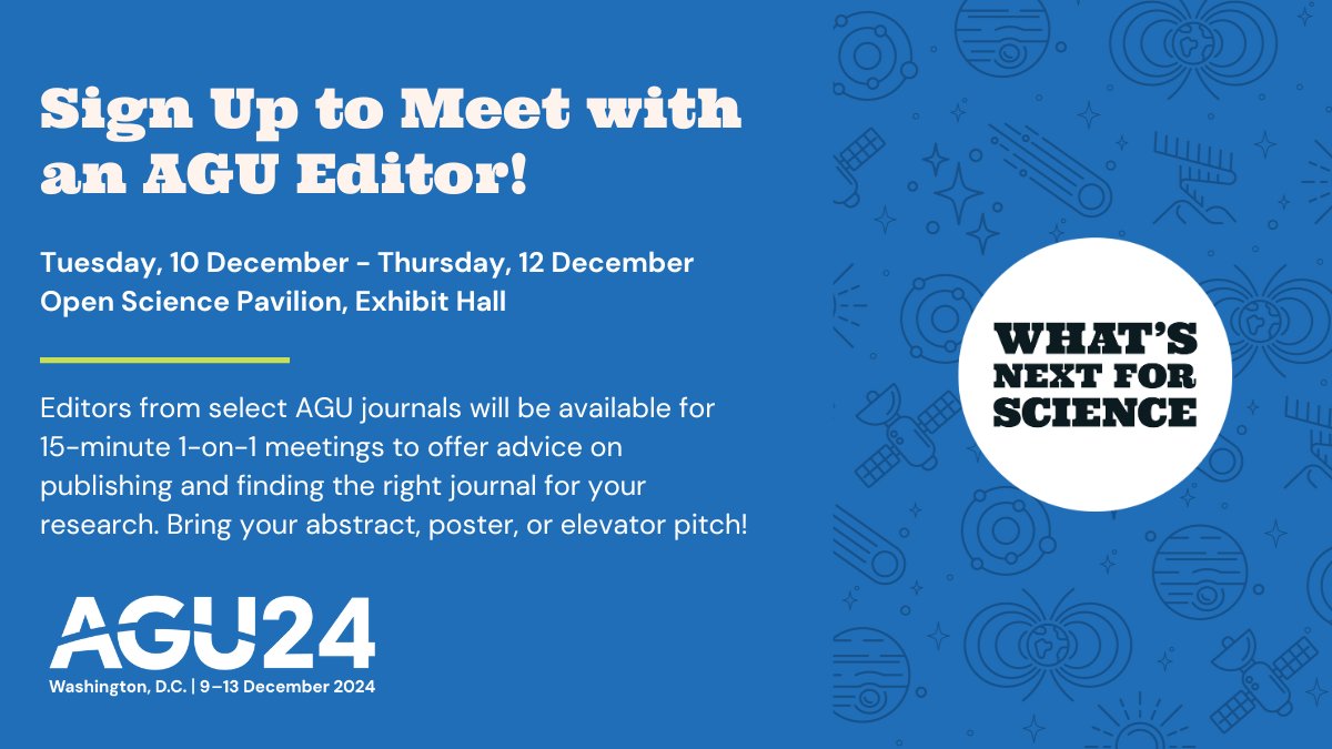 Thinking about publishing your work with AGU?

Sign up for a 15-minute 1-on-1 meeting with an AGU journal editor at #AGU24 for advice on finding the right journal and submitting your work!

🔗outlook.office365.com/book/EditorsRa…

#AGUPubs <a href="/wileyearthspace/">Wiley Earth and Space Science</a>