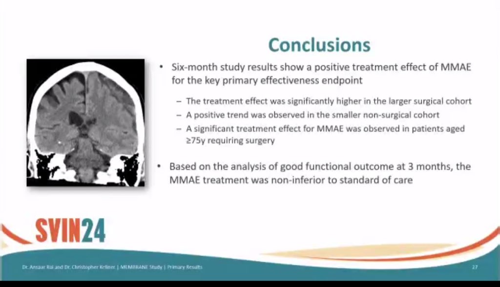 Romil Singh MD (he/him) (@romilsingh1892) on Twitter photo Thrilled to see the presentation of the MEMBRANE Trial results by <a href="/Ansaar_Rai/">ANSAAR RAI</a> at #SVIN24!
The trial highlights the effectiveness of middle meningeal artery embolization (MMAE) as a safe, minimally invasive treatment for chronic subdural hematoma (cSDH).
With promising Thrilled to see the presentation of the MEMBRANE Trial results by <a href="/Ansaar_Rai/">ANSAAR RAI</a> at #SVIN24!
The trial highlights the effectiveness of middle meningeal artery embolization (MMAE) as a safe, minimally invasive treatment for chronic subdural hematoma (cSDH).
With promising