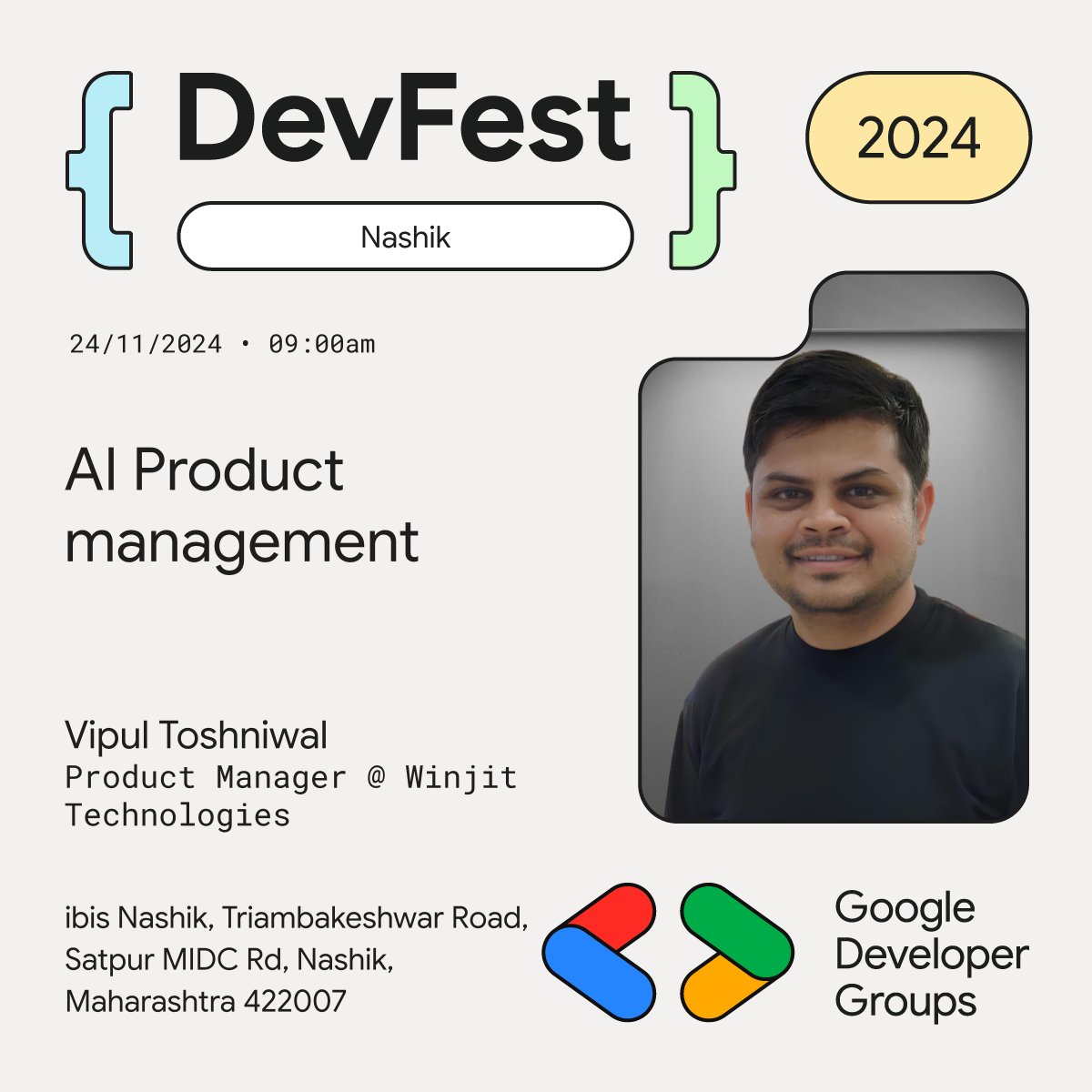 🎤 Excited to announce Vipul Toshniwal at #DevFestNashik 2024! 🚀 Get ready to dive into the world of AI Product Management 🤖📊. Learn how to shape cutting-edge AI products from concept to reality! 💡💥 #GDGNashik #AI #ProductManagement #Innovation #DevFest2024