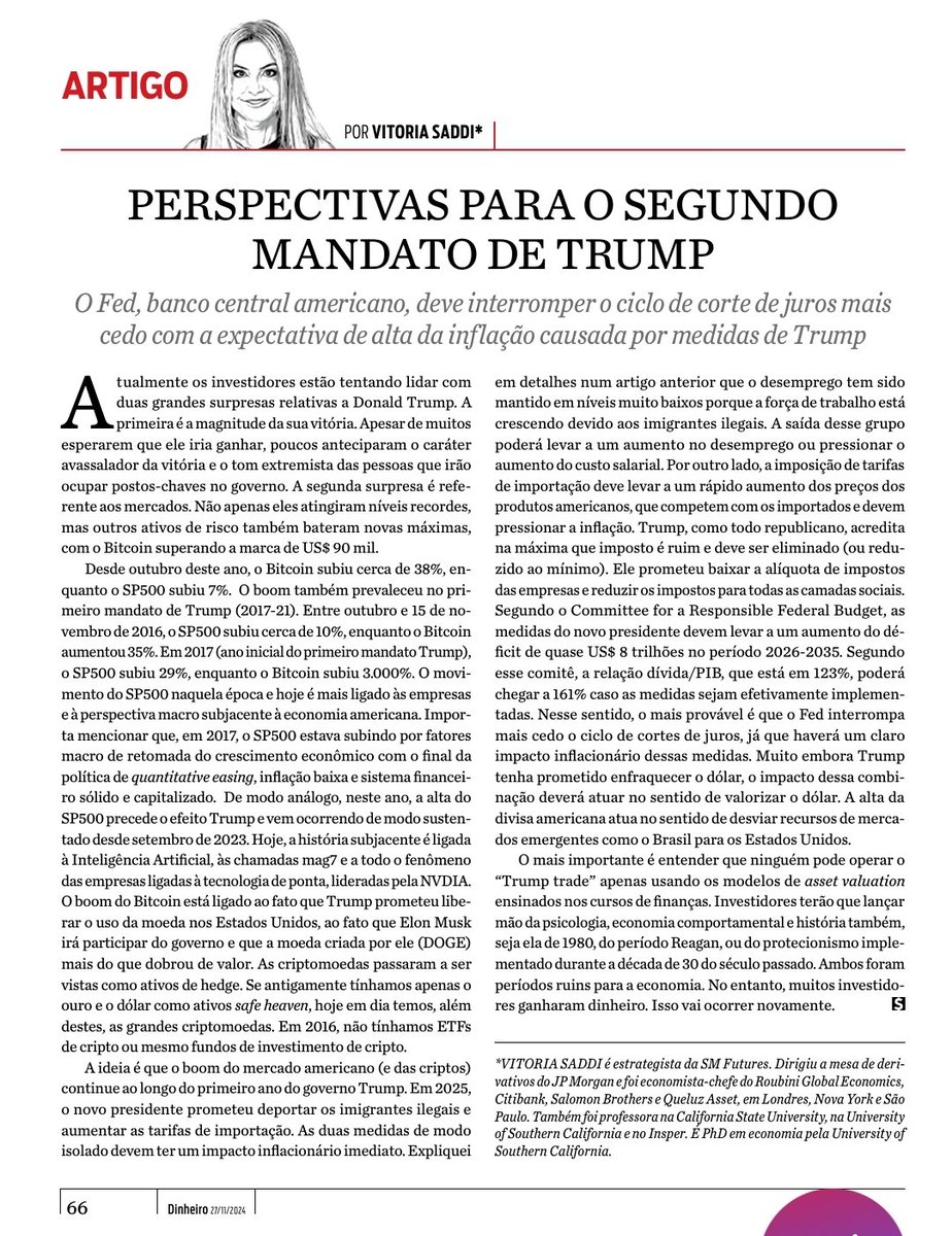 vitorias's tweet photo. No artigo desta semana na Dinheiro levanto a hipótese de um evento de cauda que poderá ocorrer no dólar. Se as políticas anunciadas pelo novo presidente americano de fato vierem a ocorrer teremos dois grandes efeitos. Alta da inflação, e alta do dolar. https://t.co/WpK8Ix9tmV