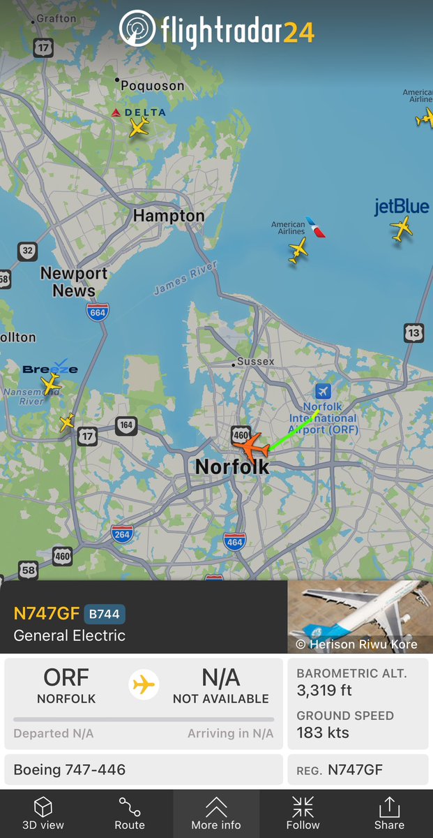 flightradar24's tweet photo. Possibly the shortest 747 flight of all time. The @GE_Aerospace 747 is ferrying from @NorfolkAirport to @NASA_Langley. https://t.co/AlfYHvXldG https://t.co/3h99A1cpaW