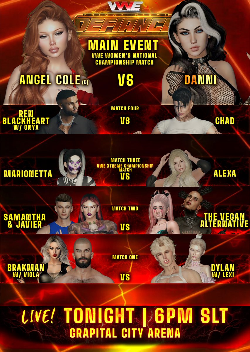 vwewrestling's tweet image. Hey VWE Grid - you know what time it is!

We've got a STACKED line-up for tonight's edition of Defiance!

Both the Women's National Championship and the Xtreme Championship will be defended tonight!

We're LIVE from Grapital City at 6 PM SLT!

RIDE:
maps.secondlife.com/secondlife/Gra…