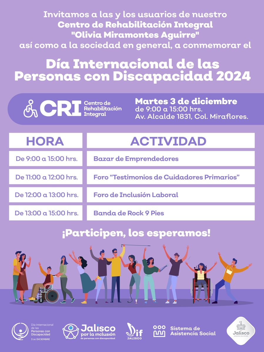 DIFJalisco's tweet photo. En el marco de la conmemoración del #DíaInternacionalDePersonasDeDiscapacidad, invitamos a las y los usuarios del Centro de Rehabilitación Integral (CRI), a las actividades especiales de este día, a partir de las 9:00 hrs. ¡Te esperamos! https://t.co/SnQHvRmUCz