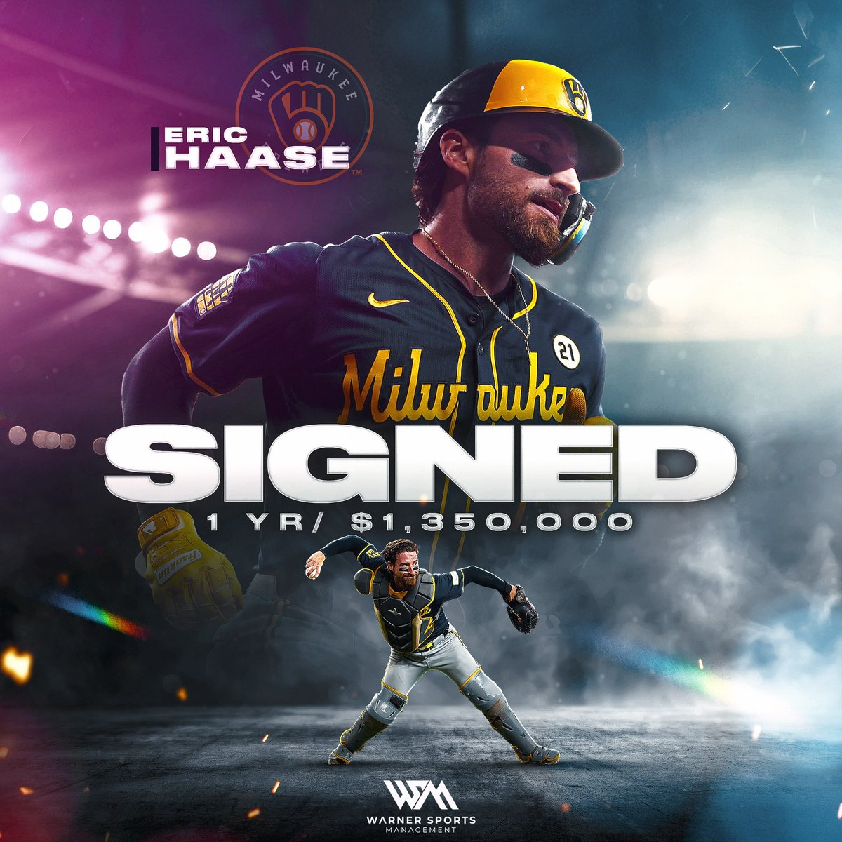 Warner Sports Management (@wsm_baseball) on Twitter photo Congrats to <a href="/ehaase3/">Eric Haase</a> on avoiding arbitration and signing a 1 year - $1,350,000 guaranteed contract with the Milwaukee Brewers. Looking forward to a huge 2025 season for the slugging backstop! #TeamWSM Congrats to <a href="/ehaase3/">Eric Haase</a> on avoiding arbitration and signing a 1 year - $1,350,000 guaranteed contract with the Milwaukee Brewers. Looking forward to a huge 2025 season for the slugging backstop! #TeamWSM