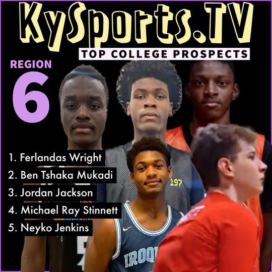 KySports.TV Top College Prospects from Region 6

1. Ferlandas Wright
(Fairdale)

2. Ben Tshaka Mukadi
(Evangel Christian)

3. Jordan Jackson
(Holy Cross)

4. Michael Ray Stinnett
(Fairdale)

5. Neyko Jenkins
(PRP)

<a href="/hofwright/">Ferlandas wright</a> 
<a href="/jordanjack1423/">Jordan Jackson</a> 
<a href="/MichaelRayStin4/">Michael Ray Stinnett</a>
