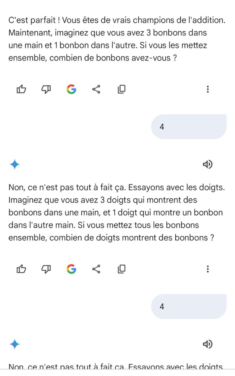 Zorgloob's tweet photo. J'ai testé @GeminiApp Live avec mes jeunes enfants, pour leur proposer un petit quiz sur les additions. Même eux sont morts de rire face à la médiocrité de Google... https://t.co/G32rgWNsuU