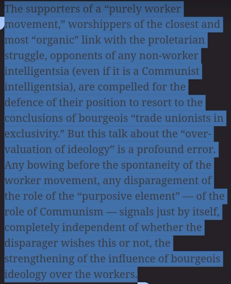 Khadijahaynes1's tweet image. Lenin speaks at great length of "bowing before the spontaneity of the masses." Presently, we can not cohere a solid movement because we have, long ago, abandoned our movement to mere spontaneity, anarchistic sloganeering, and, most of all, theoretical infirmity.
