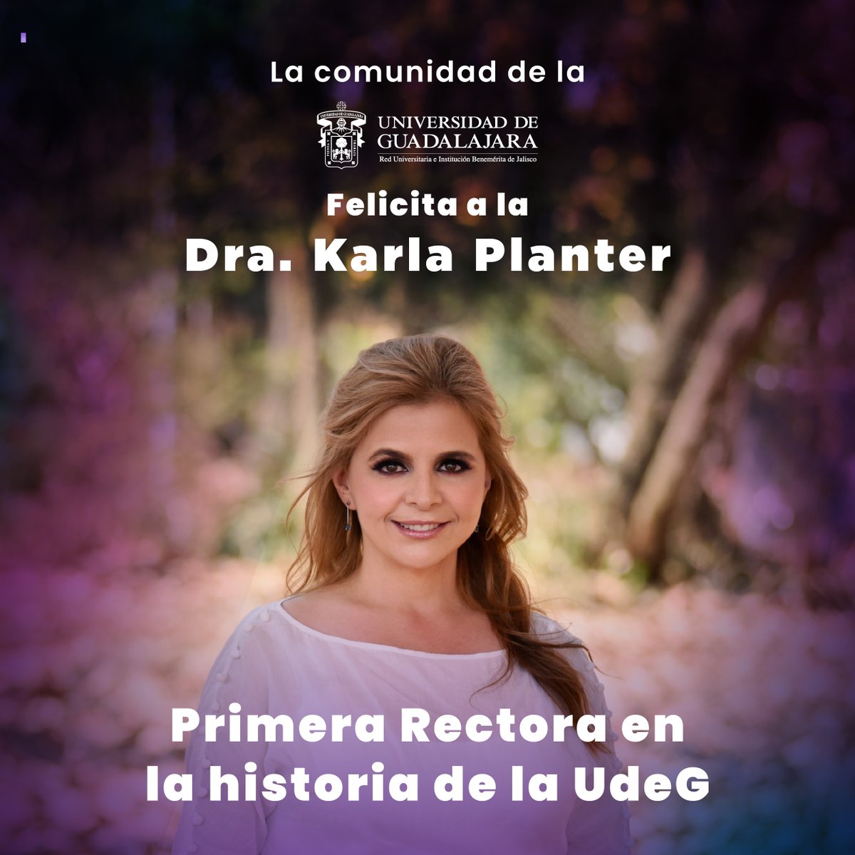 udg_oficial's tweet photo. ¡Muchas felicidades a la Dra. @KarlaPlanter1, la primera mujer elegida por el #CGU como rectora de nuestra Universidad de Guadalajara!

Estamos seguros que su liderazgo marcará el rumbo hacia una universidad más equitativa, sostenible y preparada para enfrentar los retos del futuro. Su visión será clave para seguir transformando nuestra casa de estudios en beneficio de toda la comunidad. 🦁💜