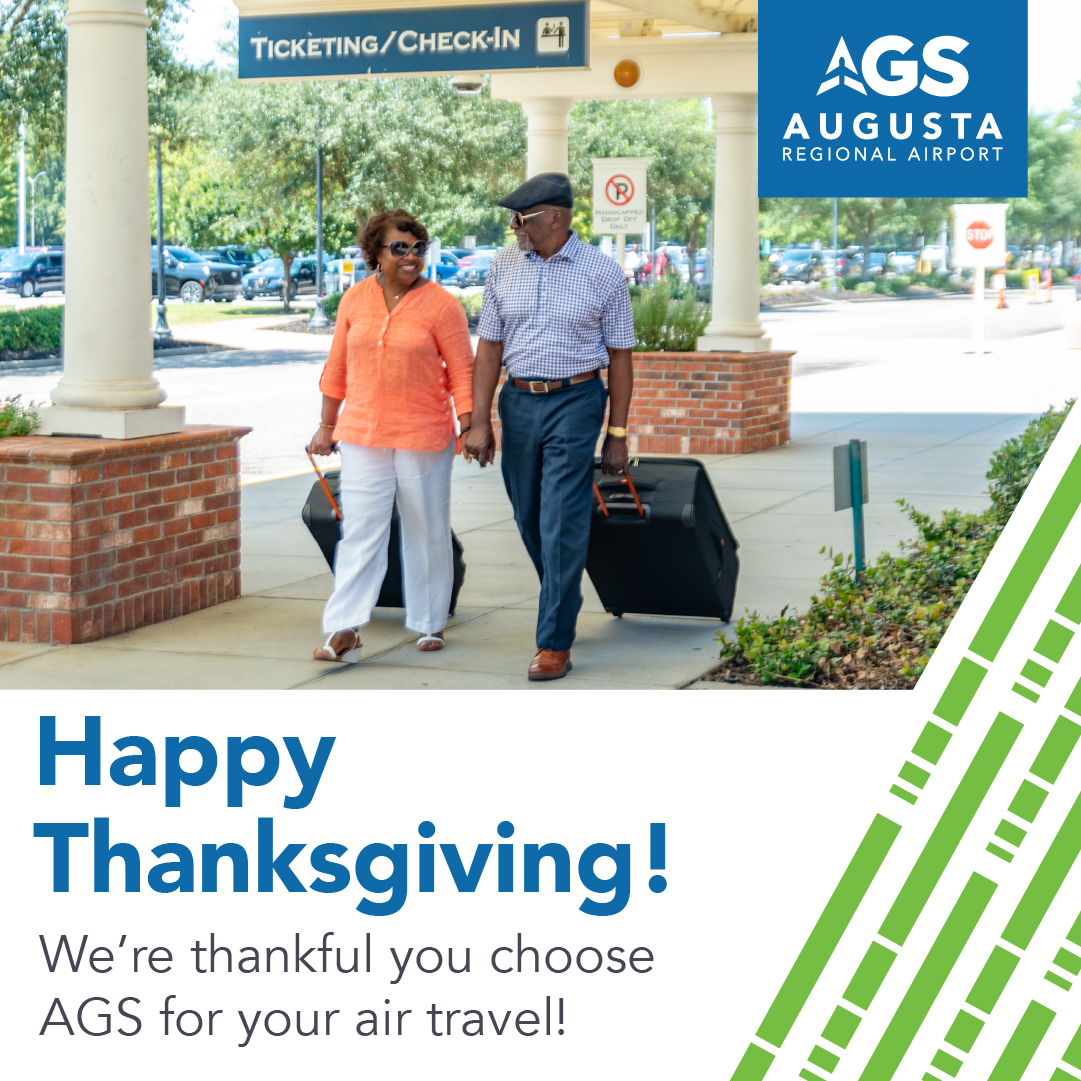 We're #thankful to help you reconnect with loved ones, explore new destinations, and create unforgettable memories. Whether you're traveling near or far, we wish you safe travels! #HappyThanksgiving from #AugustaRegionalAirport! #HolidayTravel #FlyAGS #FlyThereFlyHome #AugustaGA