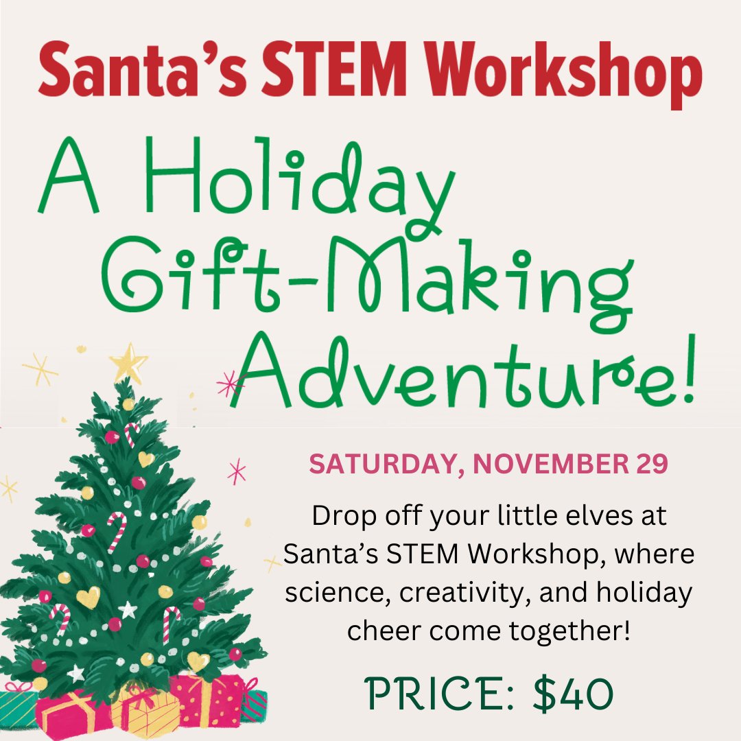 DiscoveryCtrMD's tweet photo. 🎅✨ Drop off your little elves at Santa’s STEM Workshop! They’ll craft custom gifts, wrap them, and enjoy a holiday movie &amp; snack—all while exploring creativity and STEM. 🎁 It’s the perfect festive fun for kids while parents tackle holiday to-dos. Reserve your spot today! https://t.co/wbb3Ctmd0q