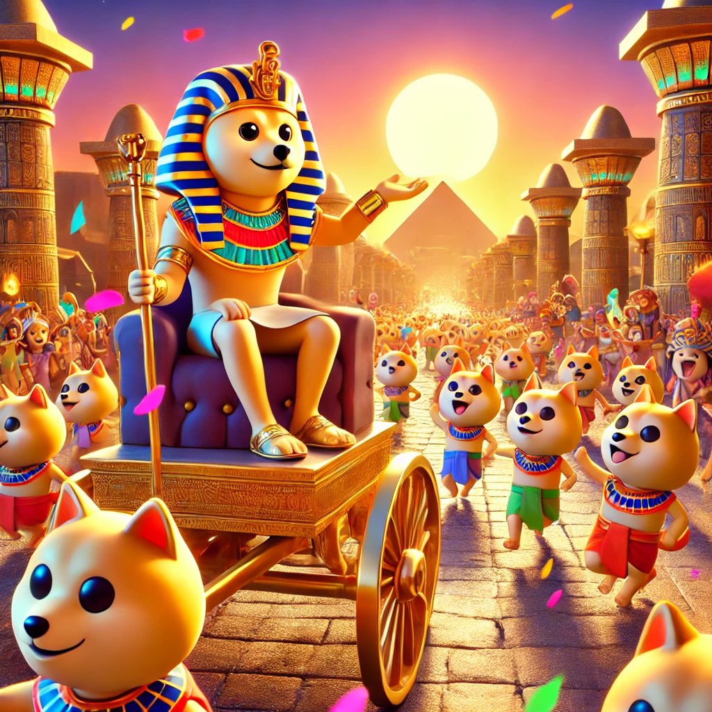 PharaohDoge's tweet photo. Pharaoh Doge leads a grand parade through the heart of ancient Egypt, uniting the golden past with a vibrant future. A celebration of magic, unity, and timeless joy under the setting sun. 🎉✨🐕‍🦺 #PharaohDoge #AncientGlory #GoldenCelebration https://t.co/IOApBq7DRK