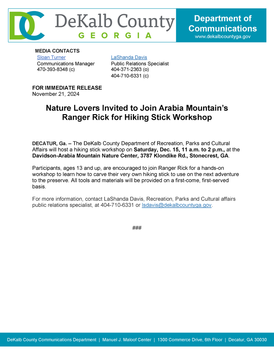 Nature Lovers Invited to Join Arabia Mountain’s Ranger Rick for Hiking Stick Workshop