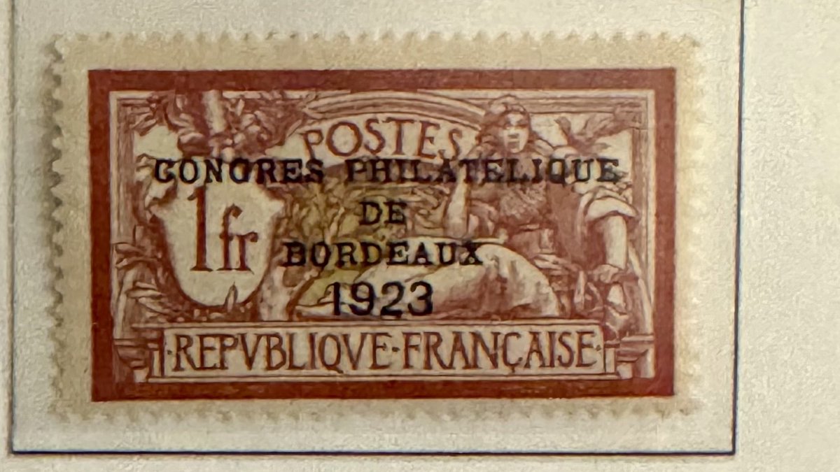 YachtVander's tweet photo. Another nice addition today for France - Merson issue overprinted for the Bordeaux Philatelic Congress - issue of 1923. Scott # 197 - the needed piece to complete the page. https://t.co/N7Vhp6wDMd