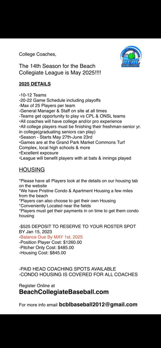 Excited to announce I’ll be coaching this summer in the @BCBL2025 !!! Looking for guys to fill the roster ! 

Shoot me a message if you’re interested in playing this summer !