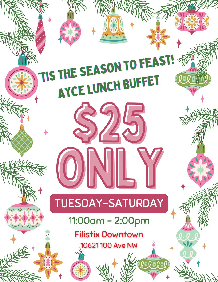 Filistix's tweet image. 🎄The Christmas season is upon us and, as always, it is our most favourite time of the year🎄

There is nothing we love more than to share our holiday cheer so from now until the end of Dec, we would like to invite you to our AYCE Lunch Buffet every Tues-Sat from 11am-2pm. #YEG