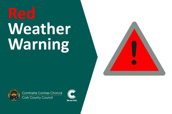 Corkcoco's tweet photo. ⚠️ A Status Red Rainfall Warning is now in place for Cork. 

The public is advised not to travel during the level red warning. Excess surface water is being reported on many routes. 

Cork County Council's Crisis Management Team is meeting throughout the night to manage incidents as they unfold. 

Issues such as flooding can be reported to the Council’s Emergency Out of Hours number (021) 4800048. In the event of an emergency call 999 or 112.