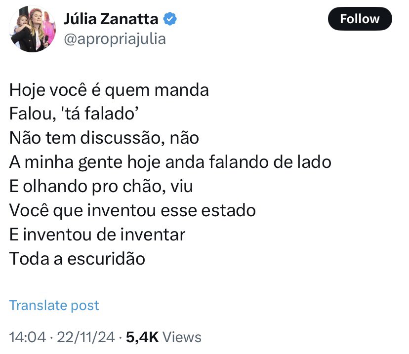 A deputada bolsonarista usando música do Chico Buarque contra a ditadura pra ela reclamar da ditadura que não existe, mas que impediu a ditadura que ela queria, que é a ditadura que a música denuncia. 👍🏻