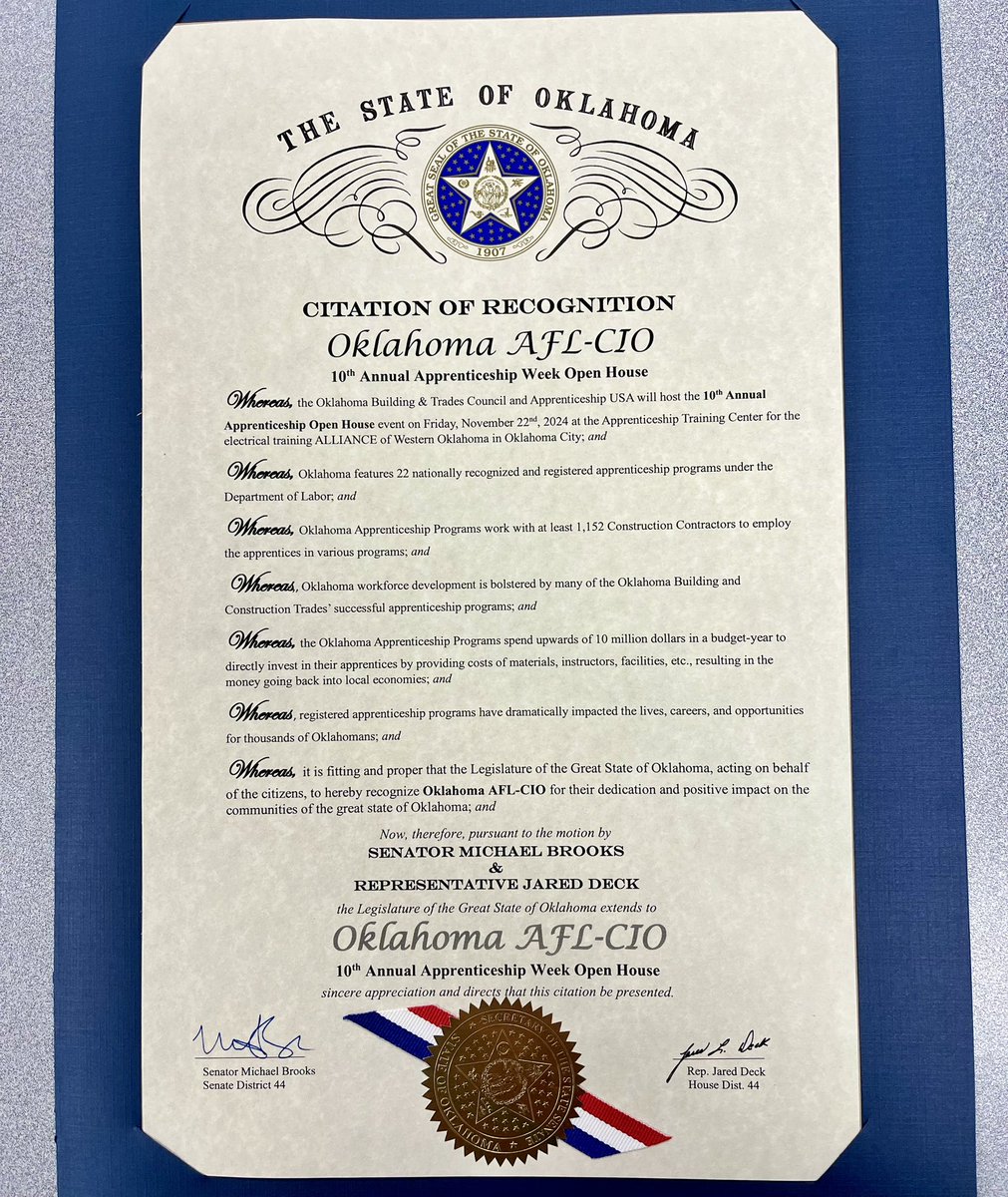 deckfornorman's tweet image. Grateful to present a citation to @OK_AFL_CIO at the 10th Annual #Apprenticeship Week open house. As a union member who has been directly impacted by outsourcing, I appreciate the right to bargain collectively. #unionmade #unionproud #aflcio #buildingtrades #apprenticeshipweek