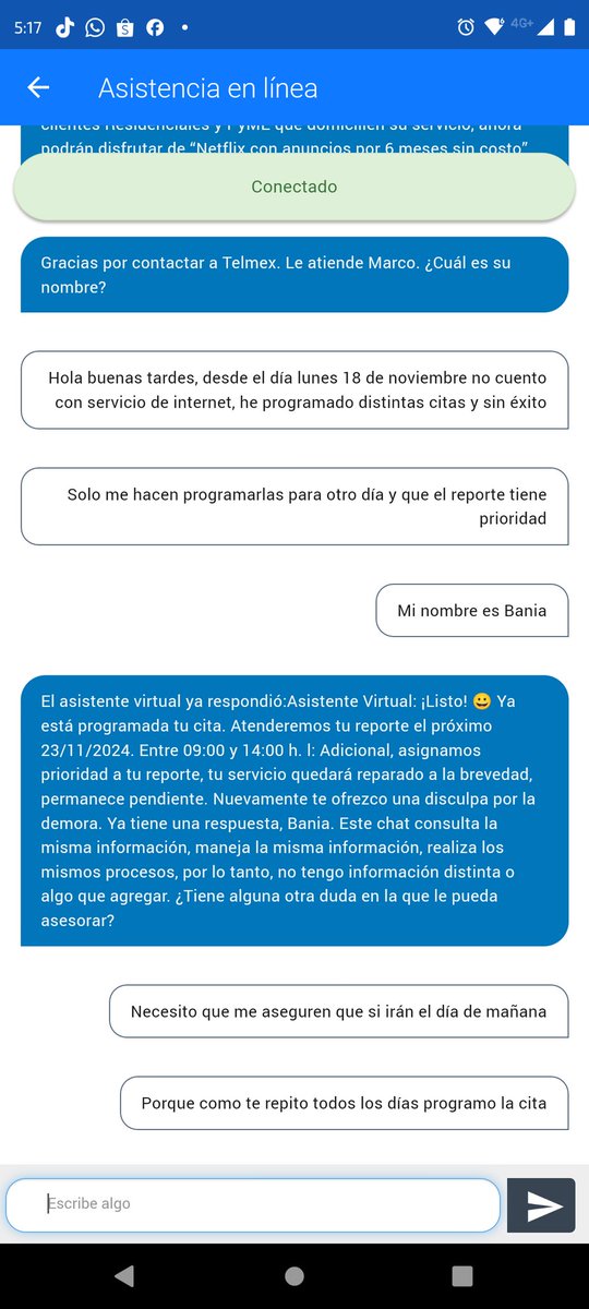 AnnelSanchez14's tweet photo. Llevo 5 días sin internet y he agendado citas para que revisen mi equipo todos los días, pedí hablar con un operador y solo me dicen esto, gracias por nada  @TELMEXSoluciona  🙄 https://t.co/ICXI3Scu4G