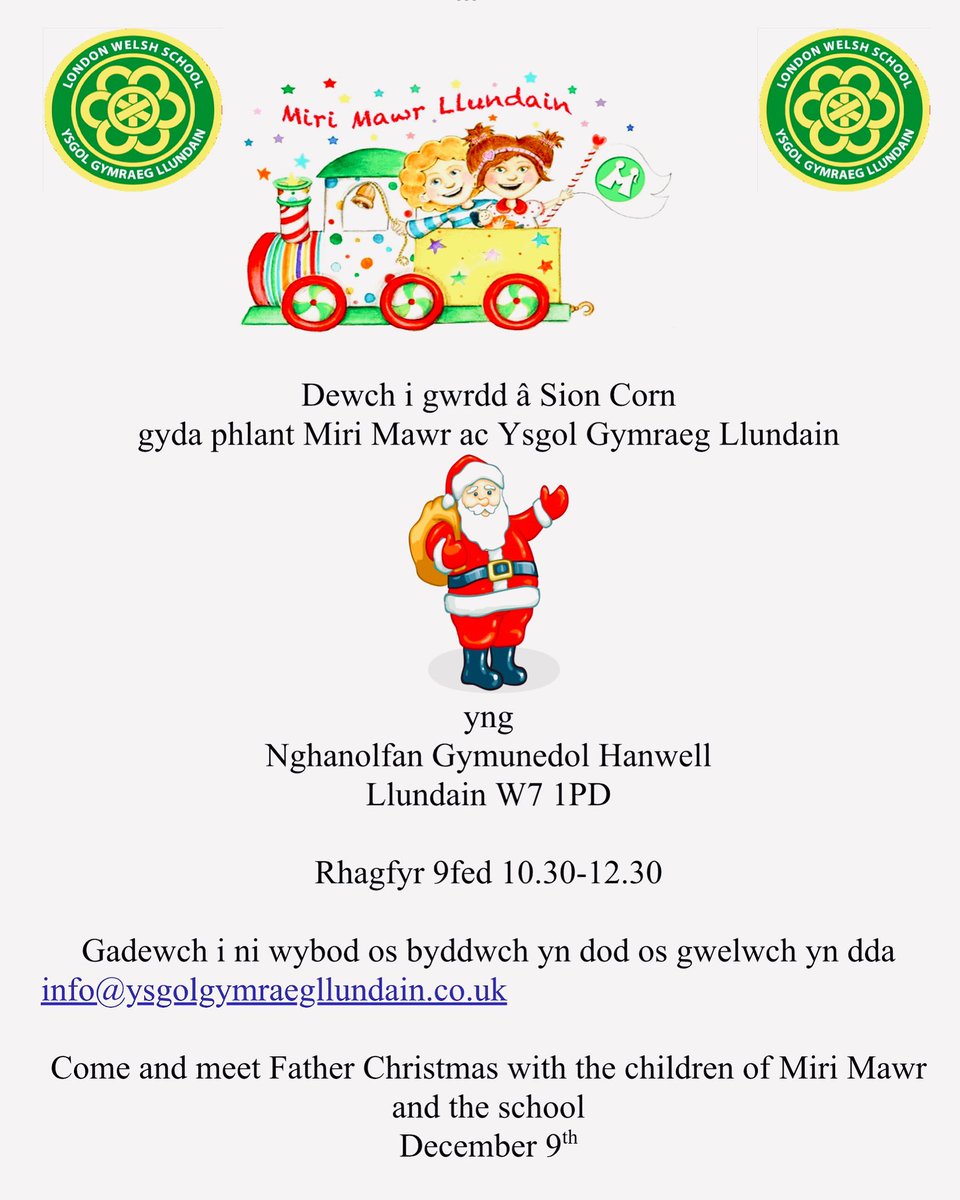 🔔🔔Can you hear the bells? 🔔🔔 Who’s jingling all the way? 
🦌🦌🦌🎅 Santa Claus 🎅 🦌🦌🦌
He’ll be calling in at the London Welsh School on the 9th of December? 
Make sure you come and meet him and enjoy a Christmassy morning together. 
📧💬Do tell us you’re coming.